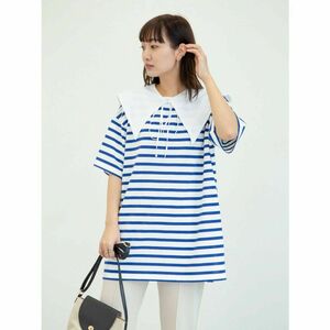 Green Parks 2Way 襟×ボーダーチュニック 半袖 カットソー ホワイト Tシャツ ボーダー