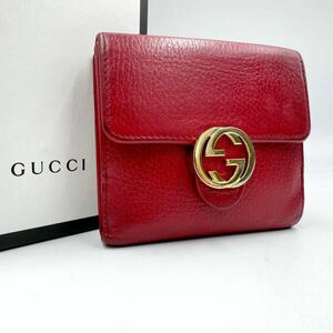 1円 GUCCI グッチ 折り財布 インターロッキング 二つ折り ゴールド金具 レザー 赤 レッド 