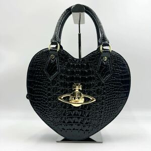 【極美品】 vivienne westwood ヴィヴィアンウエストウッド ハンドバッグ ハート オーブ金具 型押し エナメル パテントレザー 黒 ブラック