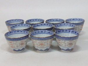 中国　ホタル焼　煎茶碗　１０客　箱なし　ほたる茶碗　蛍手　湯呑