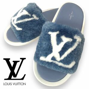 j70 未使用 LOUIS VUITTON ルイヴィトン エコファー スライドサンダル シューズ LVロゴ ブルー 38 イタリア製 スリッパ ミュール 正規品の画像1