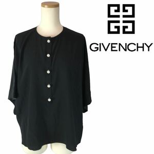 j80 GIVENCHY ジバンシィ シルク パールボタン 半袖 トップス ブラウス チュニック 黒 薄手 フォーマル 34 silk 100% 17P 6034 394 正規品