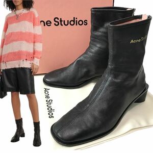 j96 Acne studios アクネ ストゥディオズ　レザー ショートブーツ スクエアトゥ ロゴ ブラック 黒 37 イタリア製 AD0274 正規品 箱付き