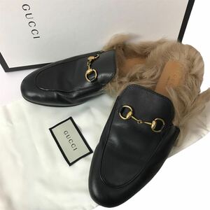 j99 GUCCI グッチ プリンスタウン ホースビット ローファー レザー シューズ ファー ミュール 37 ブラック 正規品 箱付 レディース 良品