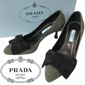 j100 良品 レア PRADA プラダ スエードレザー パンプス リボン ハイヒール フォーマル グレー ブラック 34.5 イタリア製 正規品 箱付　