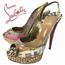 j136 Christian Louboutin クリスチャンルブタン オープントゥ パンプス サンダル ハイヒール ピンヒール レザー ビニール 38.5 正規品_画像1