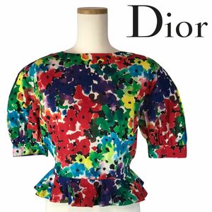 j192 Christian Dior ディオール パフスリーブ トップス カットソー マルチカラー 総柄 花柄 ブラウス チュニック M コットン 正規品