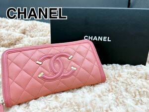 【CHANEL】美品 シャネル キャビアスキン ロングウォレット ピンク レザー ラウンドファスナー ココマーク 長財布