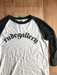 Rude gallery ルードギャラリー ラグラン 七分丈 Tシャツ 白×黒 フロントロゴ 補修有