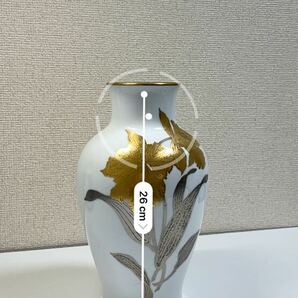 大倉陶園 OKURA 金蝕 カトレア 花器 花瓶 花入 フラワーベース 金銀×白ベース 【中古品】の画像5