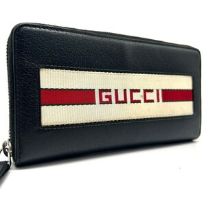 1円◆美品◆希少品◆ グッチ GUCCI 長財布 ラウンドファスナー オーガナイザー ロゴ レザー ニューウェブ メンズ レザー 本革 ブラック 黒