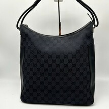 1円◆美品 グッチ GUCCI ショルダーバッグ ハンドバッグ GG柄 キャンバス ブラック 黒 レザー 本革 肩掛け ハーフムーン 三日月型 鞄_画像2