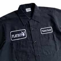 90's USA製 PLAYBOY Talent Scout ワークシャツ ブラック 黒 半袖 ビンテージ オールド プレイボーイ ラビットヘッド ワッペン 元ネタ_画像1