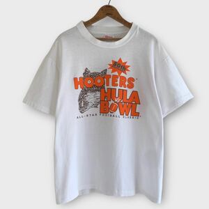 90's USA製 HOOTERS HULA BOWL Tシャツ L ホワイト コットン100% ビンテージ オールド ヘインズ フーターズ 企業