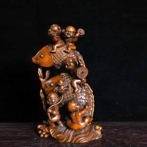 3+ZU7108 「東洋美術」NC 中国古代木工芸【ポプラの手彫り(童子魚)の置