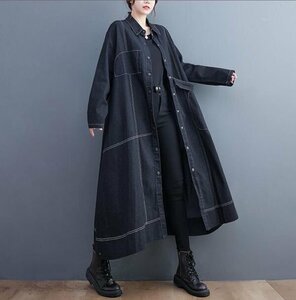 LC096 Fサイズ 春 トレンチコート レディース デニム スプリングコート ロングコート アウター 秋 春服 コート 黒