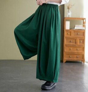 LC255 春 レディース ワイドパンツ ボトムス ゆったり 着やすい 無地 綿麻混パンツ ガチョウパンツ 緑/Mサイズ