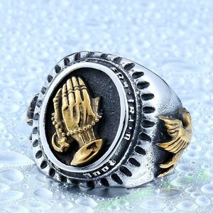 新品 ステンレス メンズ ゴールド アクセサリー 神の手 彫刻 リング プレゼント (15号～21号) 高級感 LA134