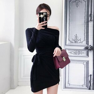  new goods One-piece long sleeve Mini 2 color boat neck off shoulder tight dore-pero.. body navy blue dress LA1449