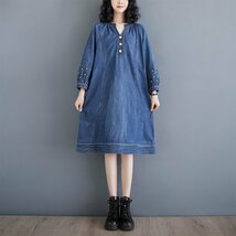 LB269 極 ワンピース レディース ひざ丈ワンピース 長袖 デニムワンピース 刺繍り aライン 膝下丈 ワンピース カジュアル 2XL_画像4