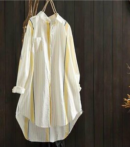 LB043 シャツ チュニック コットン プリント柄 ゆる レディース ロングシャツ 薄い 長袖 ブラウス オフィス カジュアル風 イェロー