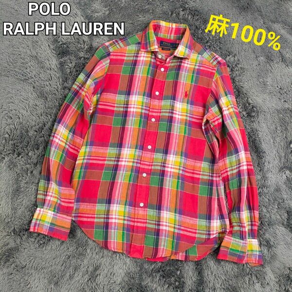 POLO RALPH LAUREN ポロ ラルフローレン 麻100% リネンシャツ チェック柄 メンズ S 160/84A