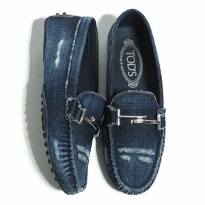 M7159R30　▼TOD'S トッズ▼　ダブルT デニム ドライビングシューズ ネイビー 36/23cm / 紺 ダメージ加工 レディース ローファー