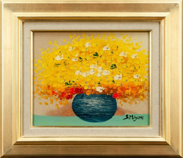 ●Setsuko Migishi●Oil painting Hand-painted Flowers Front signature Back signature Kotaro Migishi appraisal seal F3 Framed Reproduction/Search word (Ryohei Koiso/Yasuo Kazuki) A154, painting, oil painting, still life painting