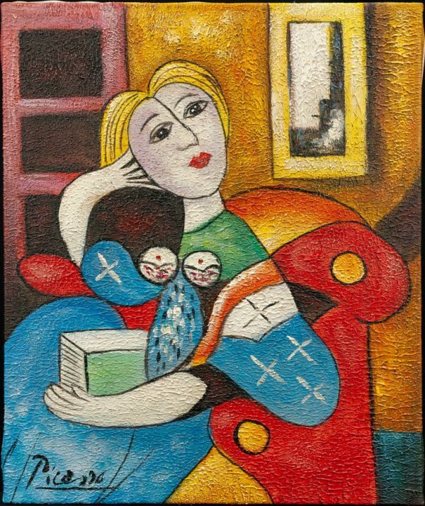 ●Pablo Picasso ●Peinture à l'huile, ``Femme avec un livre'' peint à la main, signature avant, signature au dos, certificat d'authenticité, N° F8, sans cadre, reproduction/recherche de mot (Dali/Van Gogh) a146, peinture, peinture à l'huile, portrait