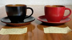 木製漆器 コーヒーカップペア　丸　古代朱・黒＆赤　（皿付）