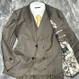 ドーメル【極美品 豪華 3ピース】DORMEUIL iconik スーツ スリーピース XLサイズ 艶感◎ 薔薇 ローズ 花柄 オーダーメイド ブラウン