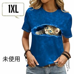 ラウンドネック カジュアルTシャツ 猫プリント 1XL