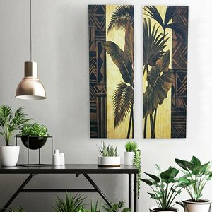Art hand Auction Interior Art Panel Oil Painting Wall Hanging Decor Modern Balinese Painting Asian Miscellaneous Hawaii Leaves Plant Leaf 90 x 30 cm Set of 2 07, tapestry, wall hanging, tapestry, fabric panel