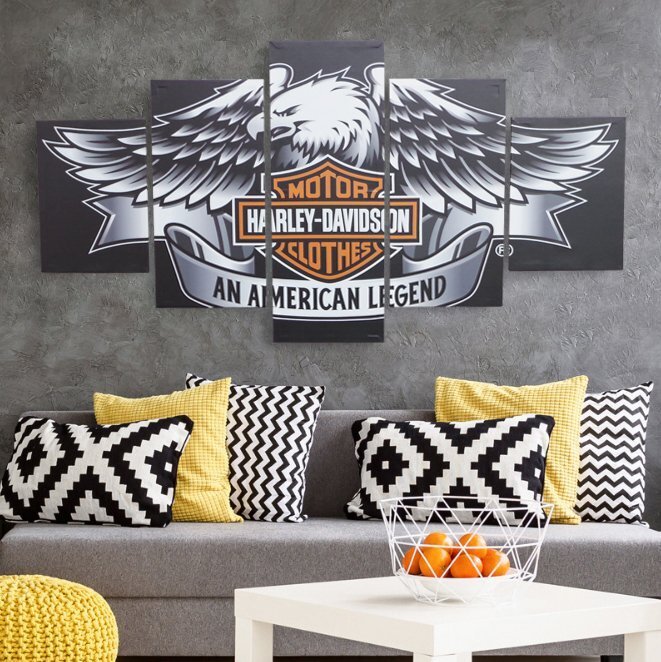 Panneau d'art intérieur peinture décoration murale Harley Davidson moto aigle marchandises diverses longueur totale 150 x hauteur totale 80 cm 5 pièces ensemble 72, tapisserie, tenture, tapisserie, panneau en tissu