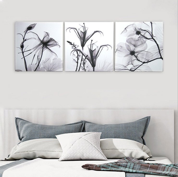 Interieur-Kunsttafel, Ölgemälde, Wandbehang, Dekoration, modern, verschiedene Gegenstände, Röntgen, Röntgen, Monochrom, Schwarz und Weiß, Blume, stilvoll, 50 x 50 cm, 3er-Set, 22, Tapisserie, Wandbehang, Tapisserie, Stoffplatte