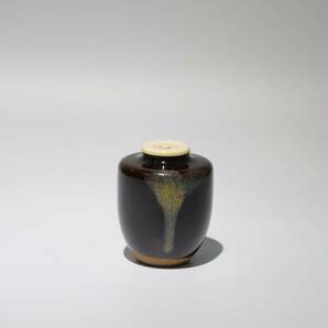 膳所燒 肩型流釉 茶入 茶道具 箱なし 共布 時代物 陶器 瓷器の画像4