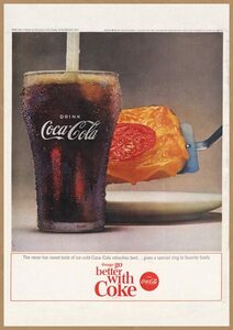 Coca-Cola レトロミニポスター B5サイズ 複製広告 ◆ コカコーラ グラスコーラとピザ USAD5-296