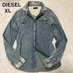 希少XLサイズ◎DIESEL デニムシャツ 長袖 ディーゼル ボタン ダンガリーシャツ ダメージ加工 ウォッシュ加工 胸元ロゴ ブルゾン メンズ