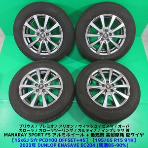 プリウス 195/65R15 2023年バリ山夏タイヤ 85%-90%山 DUNLOP ENASAVE EC204 4本 5穴PCD100 6J +45 ウィッシュ プレミオ アリオン 中古新潟