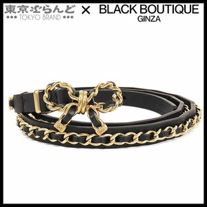 101717221 シャネル CHANEL リボンバックル ベルト ブラックxゴールド レザー メタル ココマーク A22A 80/32 ベルト