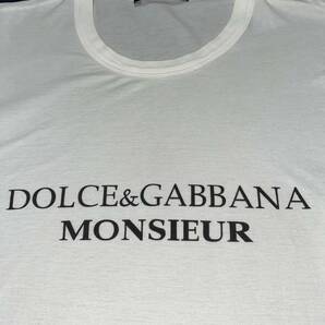 春夏メンズ ドルチェ&ガッバーナ MONSIEUR ロゴプリント シアー コットン クルーネック ネックロゴチケット 白 長袖Tシャツ ロンTの画像2