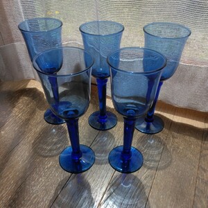 未使用 メキシコ アンティーク グラス ゴブレット 青 5客 ヴィンテージ ブルー ビアグラス ワイングラス ガラス ビールグラス