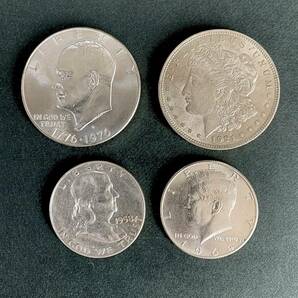 銀貨4枚●1958年 フランクリン 1964年 ケネディ HALF DOLLAR 1921年 モルガンダラー イーグル 1776-1976 アイゼンハワー 1ドル ONE DOLLARの画像1