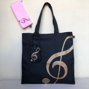 ☆ミュージックフォーリビング☆シンプルでオシャレなトートバッグ (取り外し可能のミニポーチ付き) + ピンクのペンケース