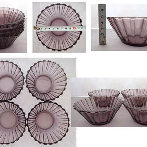 昭和 レトロ ガラス 皿 紫 ブラウン 水色 デザート / つゆ皿 / １８枚セット ジャンク品の画像5