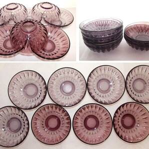 昭和 レトロ ガラス 皿 紫 ブラウン 水色 デザート / つゆ皿 / １８枚セット ジャンク品の画像2