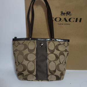 未使用に近い///COACHコーチ2wayセミショルダーバッグトートバッグブラウン茶シグネチャー総柄21950