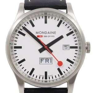 MONDAINE Mondaine спорт дата кварц мужские наручные часы белый циферблат оригинальный кожа ремень 30308[... ломбард ]