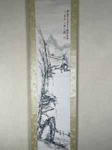 Art hand Auction 【真作】女流南画家の双璧 奥原晴湖 水墨山水図 唐木軸先 中国山水図, 絵画, 日本画, 山水, 風月