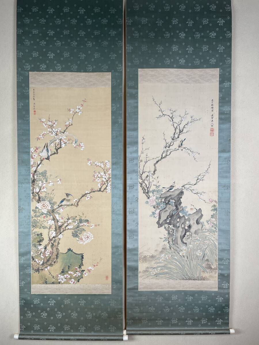[Authentic work] Ryoun Todo, a senior disciple of Yamamoto Baiitsu, silk book, richly colored flowers and birds, double width, excellent item, Chinese calligraphy and painting, painting, Japanese painting, flowers and birds, birds and beasts